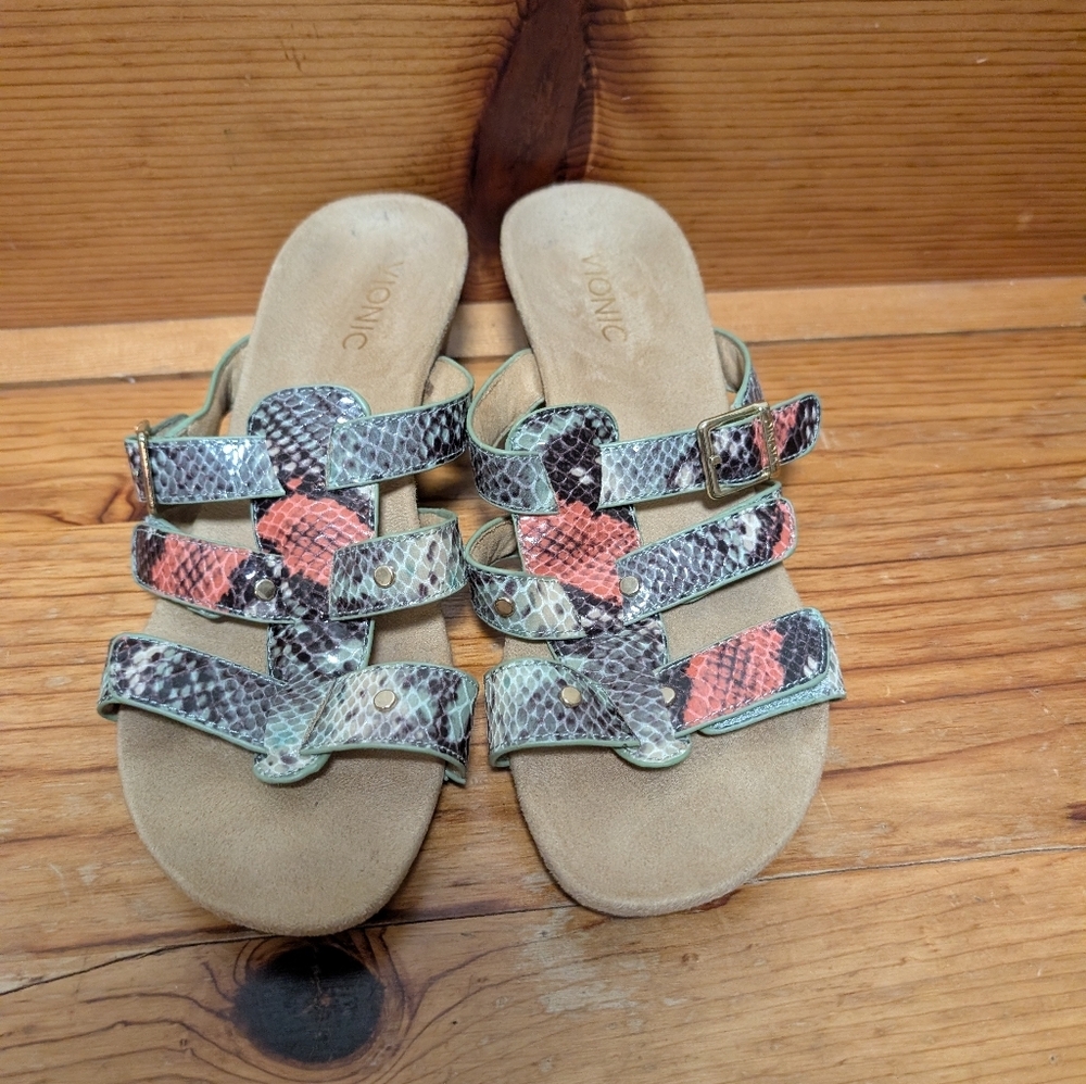 Vionic Snake Print Slide Sandals Orthopedic Comfort Adjustable Straps Size 9